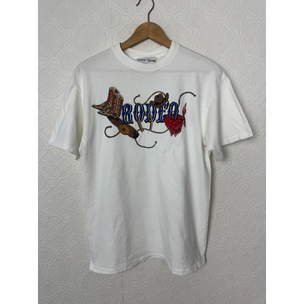 Vintage 90s Rodeo Graphic TShirt Tee White Cotton Western Single Stitch Medium